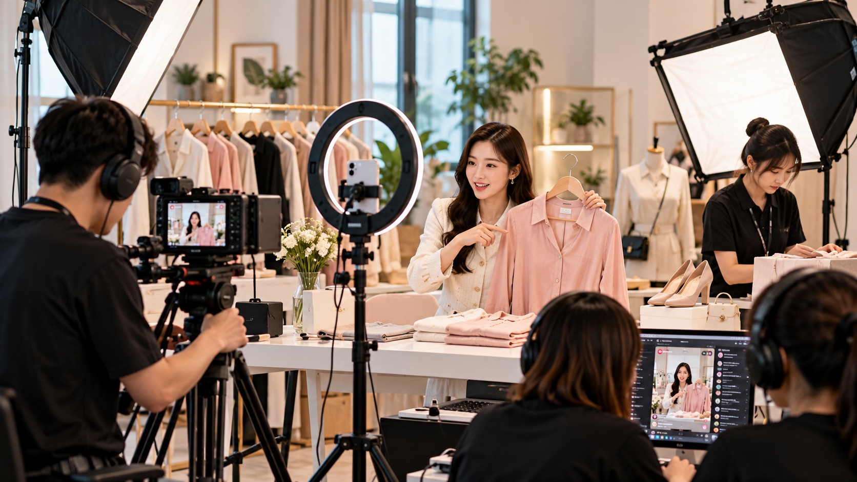 Đội ngũ sản xuất livestream bán hàng với host, máy quay và thiết bị ánh sáng
