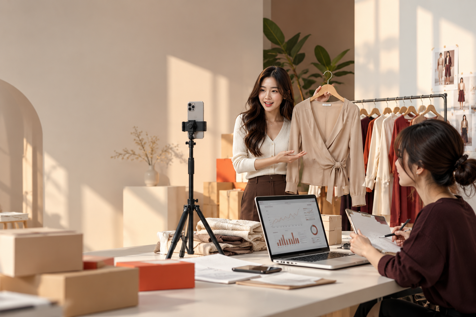 Minh họa phối hợp livestream bán hàng, giới thiệu sản phẩm và theo dõi hiệu quả affiliate
