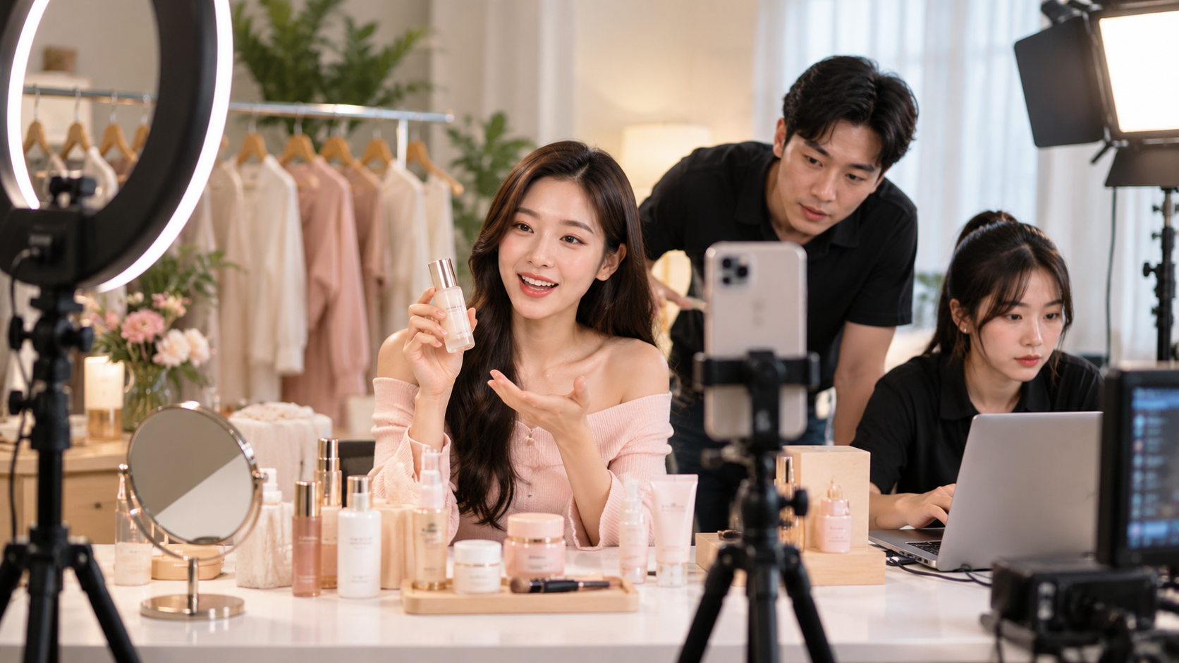 Host giới thiệu mỹ phẩm trong studio livestream với đội ngũ hỗ trợ kỹ thuật và vận hành